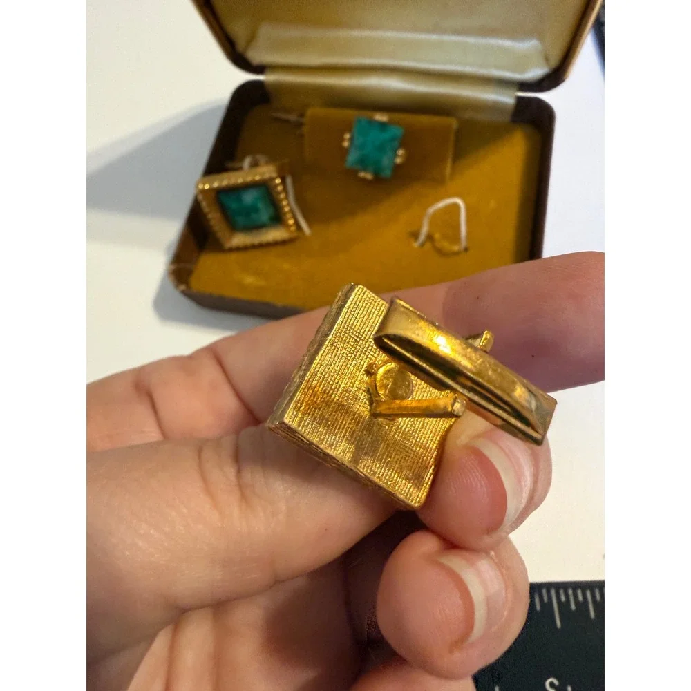 Vintage Tally Hi Cufflink and Tie Tack Set Green Marbled Gold Tone‎ Square Boxed
